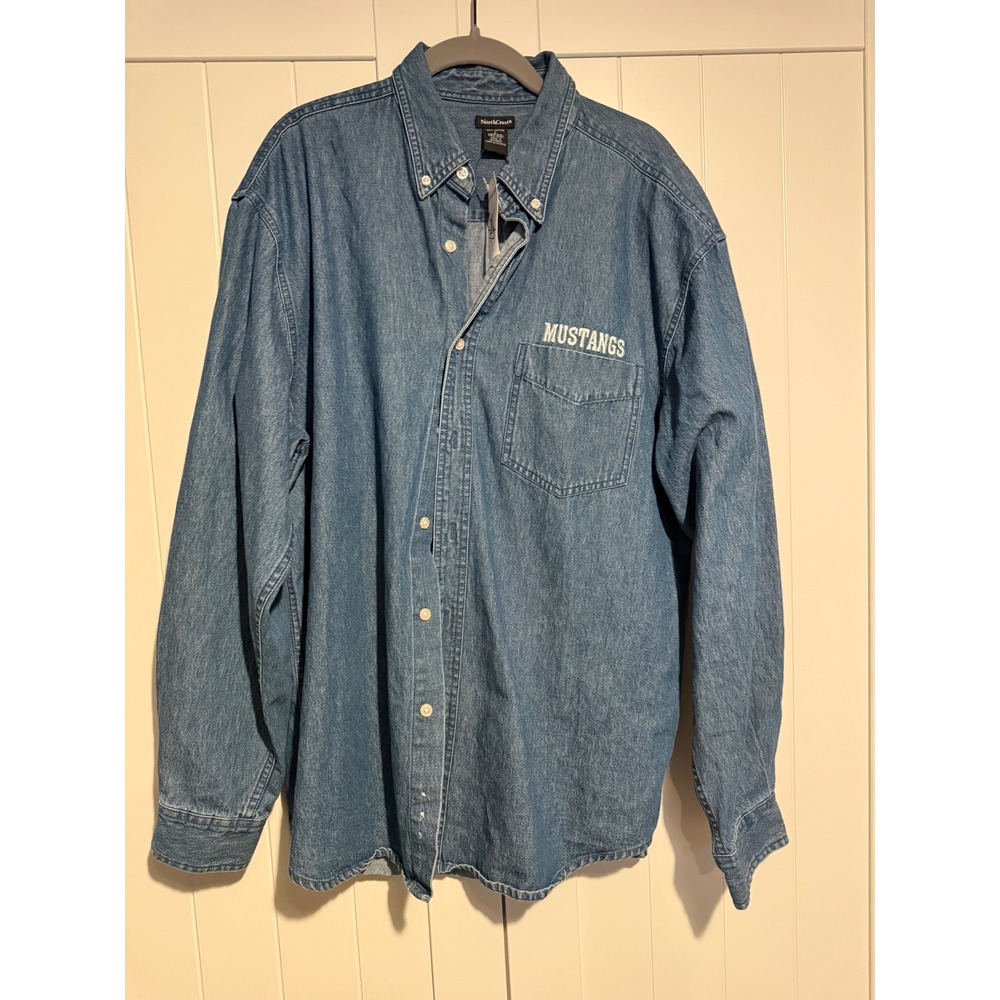 NorthCrest Mens‎ Denim Shirt Mustangs Embroidered Long Sleeve Button Up Size L